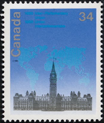 Timbre commémoratif émis à l’occasion de la 74e Conférence de l’UIP à Ottawa en 1985