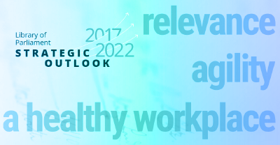 The title page of the Library of Parliament’s Strategic Outlook 2017–2022 shows the three strategic priorities: relevance, agility and a healthy workplace.