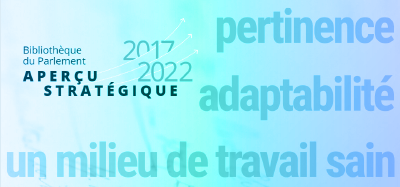 La page titre de l’Aperçu stratégique 2017-2022 de la Bibliothèque du Parlement présente les trois priorités stratégiques : pertinence, adaptabilité et un milieu de travail sain.