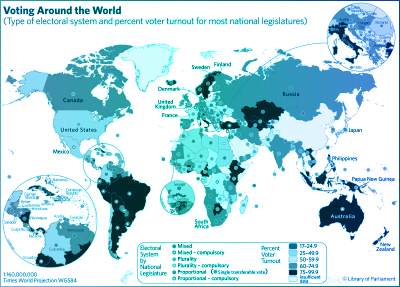 The “Voting Around the World” map indicates the type of electoral system and percent voter turnout for most national legislatures.