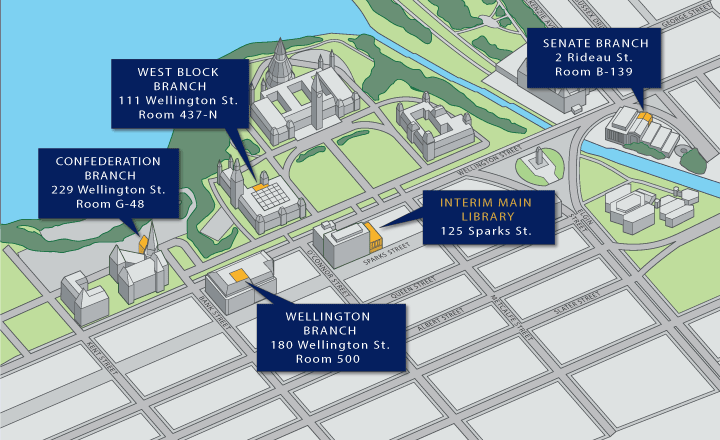 Map showing the Library's branches, west to east: Confederation Branch (229 Wellington Street, Room G-48), West Block Branch (111 Wellington Street, Room 437-N), Wellington Branch (180 Wellington Street, Room 500), Interim Main Library (125 Sparks Street), Senate Branch (2 Rideau Street, Room B-139)