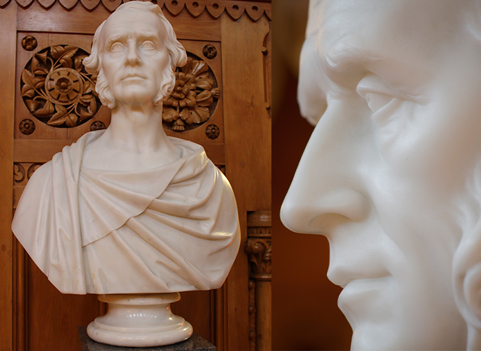 Image composée du buste de marbre de John Sandfield Macdonald à la gauche, avec gros plan des traits du visage à la droite