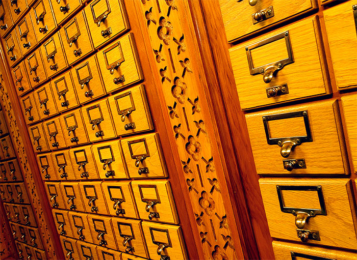 Photo of the wooden drawers that used to hold the Library’s catalogue cards. These drawers are located in two alcoves of the Main Library.