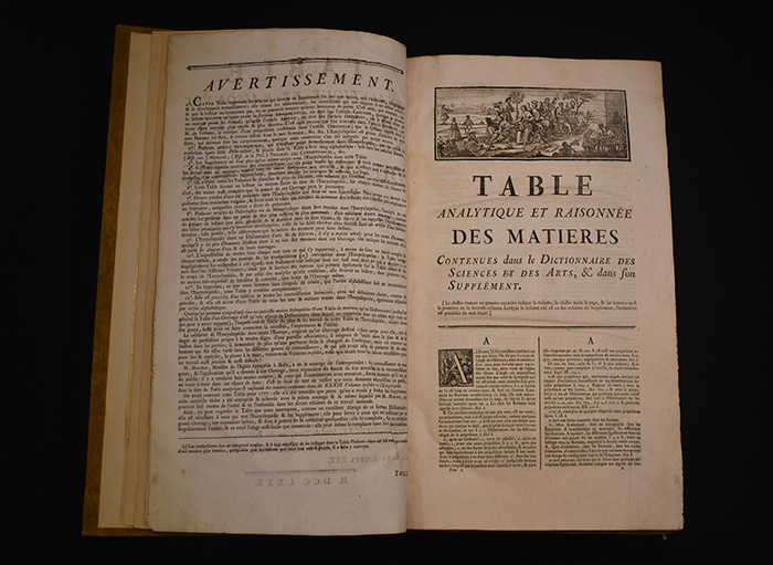 Image d'une table des matières dans l'Encyclopédie ou Dictionnaire raisonné des sciences, des arts et des métiers