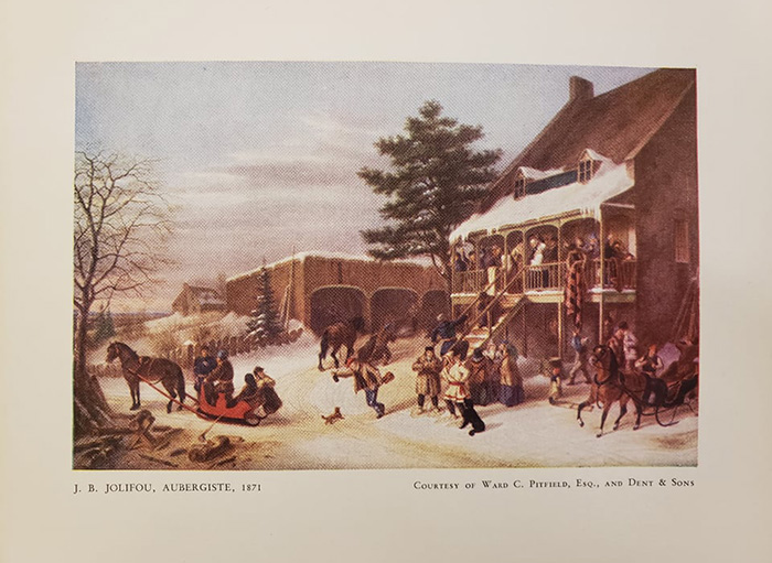 Planche en couleur de la toile «  J. B. Jolifou, Aubergiste, 1871 » mettant en scène des Québécois à leur sortie d’une auberge, dans un décor hivernal
