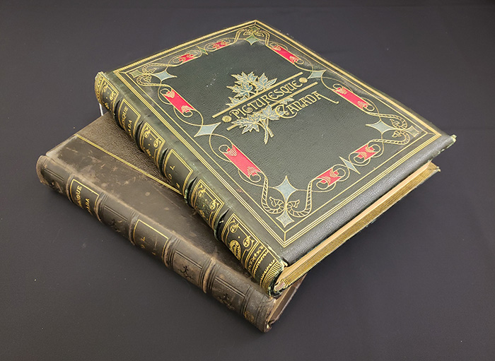 Two volumes with gilt lettering are stacked with a slight offset. The cover of the volume underneath is brown leather, while that of the volume on top is dark green leather.