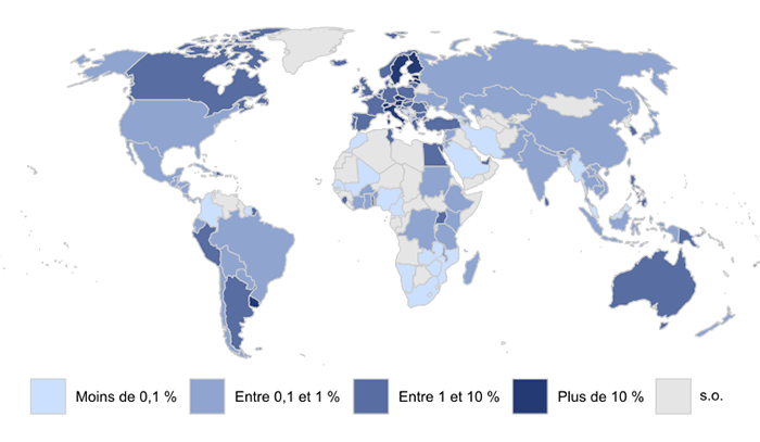 La carte compare les pourcentages de la superficie agricole totale de chaque pays consacrée à l’agriculture biologique en 2017. Plusieurs pays d’Europe, dont l’Italie, l’Autriche et la Suède, se distinguent avec plus de 10 % de leurs terres agricoles consacrées à l’agriculture biologique. Le reste de l’Union européenne, le Canada et l’Australie viennent ensuite, avec entre 1 et 10 % de leurs terres agricoles consacrées à l’agriculture biologique. L’Afrique dans son ensemble paraît consacrer le moins de terres agricoles à l’agriculture biologique; la plupart des pays africains ne rapportent d’ailleurs pas de données sur le sujet.
