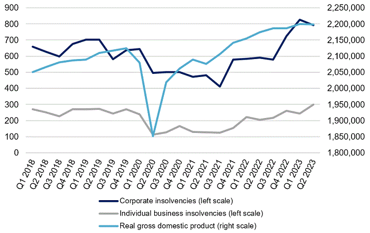 Figure 4 shows the number of individual business insolvency and corporate insolvency filings made under the Bankruptcy and Insolvency Act, as well as the Canadian real gross domestic product from the first quarter of 2018 to the second quarter of 2023. The figure shows that the number of corporate and individual business insolvencies decreased by 32% and 113%, respectively, between the fourth quarter of 2019 and the second quarter of 2021.