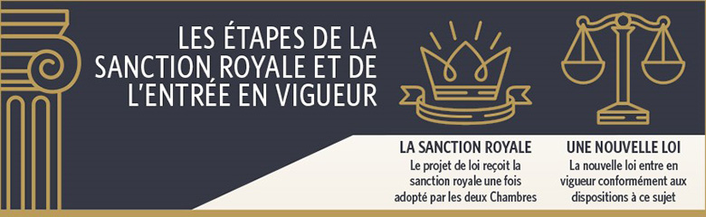 Cette infographie indique qu’un projet de loi reçoit la sanction royale une fois qu’il est adopté par les deux Chambres. L’infographie précise également que la nouvelle loi entre en vigueur conformément aux dispositions du projet de loi à ce sujet.