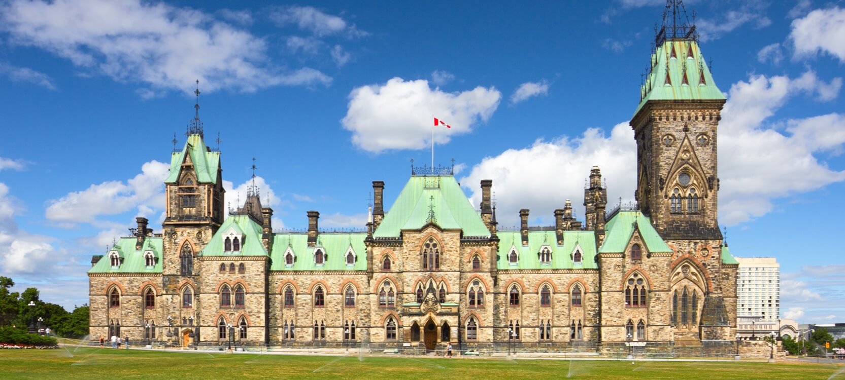 East Block, a Neo-Gothic building with a green copper roof.